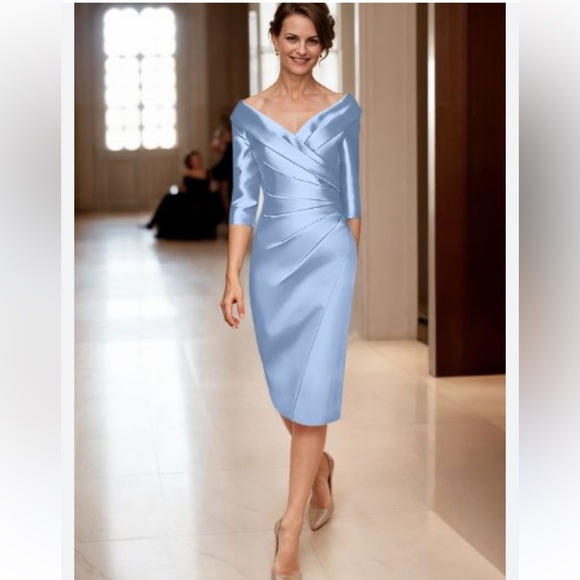 Kay Unger Dresses & Skirts - Elegant Kay Unger Steel Blue Satin Long Sleeve Dress Size 16W